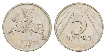 Литва 5 лит 1991 KM 93 медно-никель aUNC 1520-715