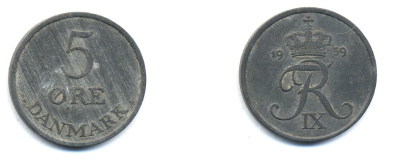 ДАНИЯ 5 ЭРЕ 1959 C; S, ФРЕДЕРИК IX (1947-1972) KM 843.2 цинк 23-242
