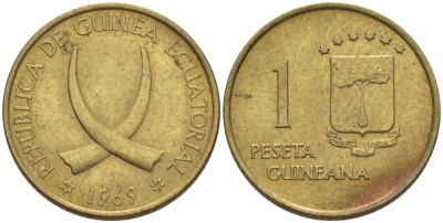 Экваториальная Гвинея 1 песета 1969 республика, диаметр 19,5 мм. KM 1 алюминиевая бронза 66-746