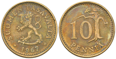 Финляндия 10 пенни 1967 S KM 46 алюминиевая бронза 4174-925