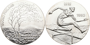 Финляндия 50 марок 1983 K-T, чемпионат мира по атлетике, бег с препятствиями KM 61 серебро UNC 4552-915