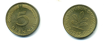 ФРГ 5 ПФЕННИГОВ 1983 J KM 107, J. 382 сталь плакированная латунью 46-2255