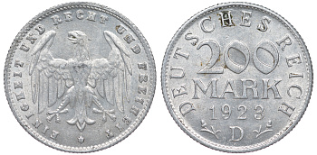 Германия 200 марок 1923 D KM 35, J. 304, Weege 22 алюминий 4604-621