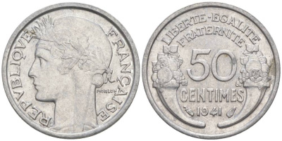 ФРАНЦИЯ 50 САНТИМОВ 1941 ТИП MORLON LOURDE KM 894.1a, LE FRANC 193.2 алюминий 44-255