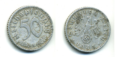 ГЕРМАНИЯ 50 РЕЙХСПФЕННИГОВ 1941 А KM 96, J. 372 алюминий 25-1734