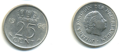 Нидерланды 25 центов 1966 Юлиана (1949-1980) KM 183 никель UNC 83-1022