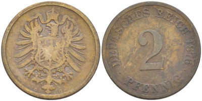 ГЕРМАНИЯ 2 ПФЕННИГА 1876 G, СТАРОГЕРБОВКА KM 2, J. 2, Weege 3 медь 212-633