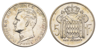 Монако 5 франков 1960 Ренье III (1949-2005) KM 141 серебро 413-2731