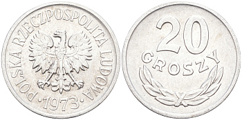 Польша 20 грошей 1973 MW KM А47, Parchimowicz 208m алюминий UNC 106-446