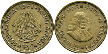 ЮАР 1/2 ЦЕНТА 1961 ЯН ВАН РИБЕК (1619-1677), ГОЛЛАНДСКИЙ ИССЛЕДОВАТЕЛЬ, ДВЕ ПТИЧКИ KM 56 латунь 3336-1253