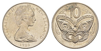Новая Зеландия 10 центов 1980 Елизавета II (1952-2022), маска маори KM 41 медно-никель 4652-644