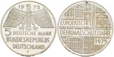 ФРГ 5 марок 1975 F, Европейский год охраны памятников J. 417, KM 142.1 серебро 3855-624