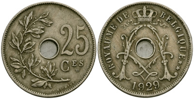 Бельгия 25 сантимов 1929 Belgique KM 68 медно-никель 4165-621