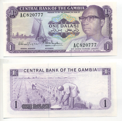 ГАМБИЯ 1 ДАЛАСИ 1971-1987 ПОДПИСЬ 8 Pick 4g бумага UNC (ПРЕСС) 6278-48-1