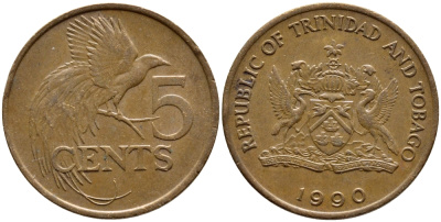 Тринидад и Тобаго 5 центов 1990 райская птица KM 30 бронза 4398-143