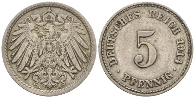 Германия 5 пфеннигов 1914 A, KM 11, J. 12 медно-никель 220-721