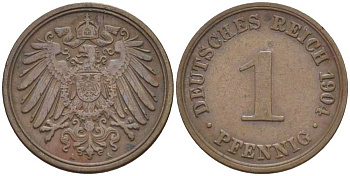 ГЕРМАНИЯ 1 ПФЕННИГ 1904 A KM 10, J. 10, Weege 2 медь 211-161