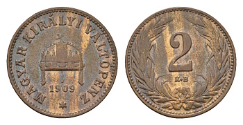 Венгрия 2 филлера 1909 KB, Франц Иосиф I (1848-1916) KM 481 бронза 4625-1164