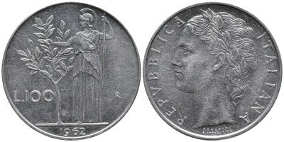ИТАЛИЯ 100 ЛИР 1962 R, АФИНА KM 96.1 сталь 32-946