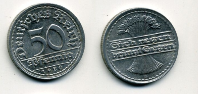 ГЕРМАНИЯ 50 ПФЕННИГОВ 1920 D KM 27, J. 301 алюминий 57-513