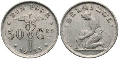 БЕЛЬГИЯ 50 САНТИМОВ 1923 BELGIQUE, АЛЬБЕРТ I (1909-1934) KM 87 никель 27-121