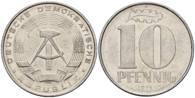 ГДР 10 пфеннигов 1971 A KM 10 алюминий 68-755