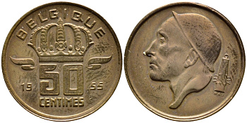 БЕЛЬГИЯ 50 САНТИМОВ 1955 BELGIQUE KM 144 бронза 4392-817