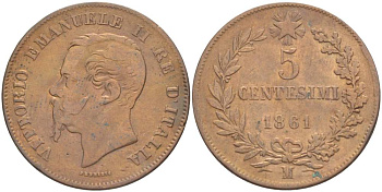 ИТАЛИЯ 5 ЧЕНТЕЗИМО 1861 М, МОНДВОР МИЛАН, ВИКТОР ЭММАНУИЛ II (1861-1878) KM 3.2 медь 4182-1253