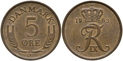 ДАНИЯ 5 ЭРЕ 1963 C; S, ФРЕДЕРИК IX (1947-1972) KM 848.1 бронза 31-544