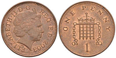 Великобритания 1 пенни 2003 Елизавета II (1952-2022) KM 986, Spink 4710 (B5) сталь плакированная медью 4609-567