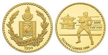 Монголия 2000 тугриков 1996 XXVI Олимпийские игры в Атланте, бокс KM 114 золото  PROOF  10-010-19