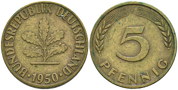 ФРГ 5 пфеннигов 1950 F KM 107, J.382 сталь плакированная латунью 4364-1612