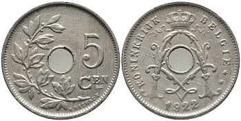 БЕЛЬГИЯ 5 САНТИМОВ 1922 BELGIE KM 67 медно-никель 76-112