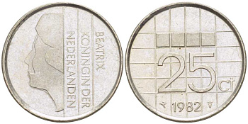 Нидерланды 25 центов 1982 Беатрикс (1980-2013) KM 204 никель 214-1126