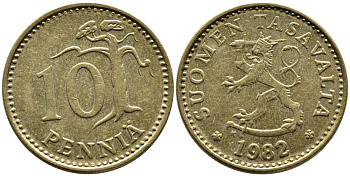ФИНЛЯНДИЯ 10 ПЕННИ 1982 K KM 46 алюминиевая бронза 46-316
