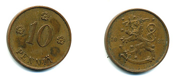 Финляндия 10 пенни 1927 республика (1918-1962) KM 24 медь 46-1615