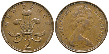 Великобритания 2 пенса 1971 Елизавета II (1952-2022) KM 916, Spink 4235 (C1) бронза 89-1445