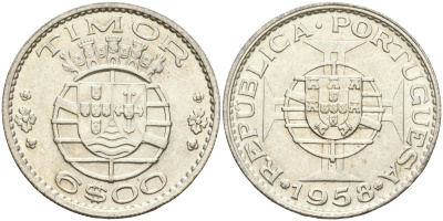 Португальский Тимор 6 эскудо 1958 год тип KM 15 серебро aUNC 4364-1646