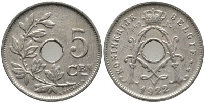 БЕЛЬГИЯ 5 САНТИМОВ 1922 BELGIE KM 67 медно-никель 76-112