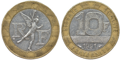 Франция 10 франков 1991 тип гений Бастилии KM 964.1, Le Frank 375.6 биметалл 45-923