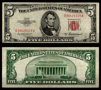 США 5 долларов 1953 Президент Авраам Линкольн. Мемориал Линкольна, Вашингтон, округ Колумбия. Красная печать Pick 381 a. Fr. 1533 бумага 451-1275-3