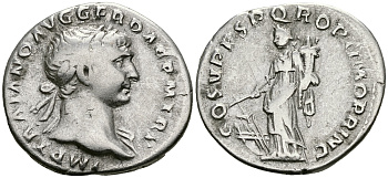 Римская Империя денарий 103 - 111 Траян COS V PP SPQR OPTIMO PRINC Фортуна, персонификация Удачи Рим Very fine RIC 122 серебро 1073-4-2-5