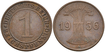 Германия 1 рейхспфенниг 1936 A KM 37, J. 313 бронза 4549-341