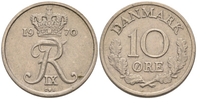 ДАНИЯ 10 ЭРЕ 1970 C; S, ФРЕДЕРИК IX (1947-1972) KM 849.1 медно-никель 4564-1228