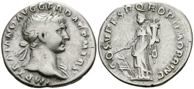 Римская Империя денарий 103 - 111 Траян COS V PP SPQR OPTIMO PRINC Фортуна, персонификация Удачи Рим Very fine RIC 122 серебро 1073-4-2-5