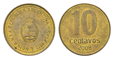 Аргентина 10 сентаво 2008 герб KM 107a сталь плакированная латунью 4701-1263
