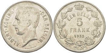 БЕЛЬГИЯ 5 ФРАНКОВ 1932 АЛЬБЕРТ I, DER BELGEN KM 98 никель 3851-415