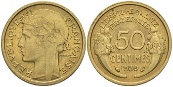 ФРАНЦИЯ 50 САНТИМОВ 1939 ТИП MORLON KM 894.1, LE FRANC 192.15 алюминиевая бронза 44-815