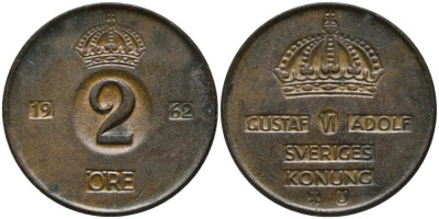 Швеция 2 эре 1962 U, Густав VI Адольф (1950-1973) KM 821 бронза 202-643