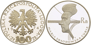Польша 100 злотых 1974 MW, 40 лет со дня смерти Марии Склодовской-Кюри (1867-1934) KM 71, Parchimowicz 270 серебро PROOF 1087-5-63
